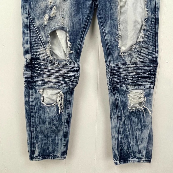 Trillnation Mens Jeans 38 Blue Denim Distressed Zipper Accents Skinny Acid Wash - Picture 3 of 14